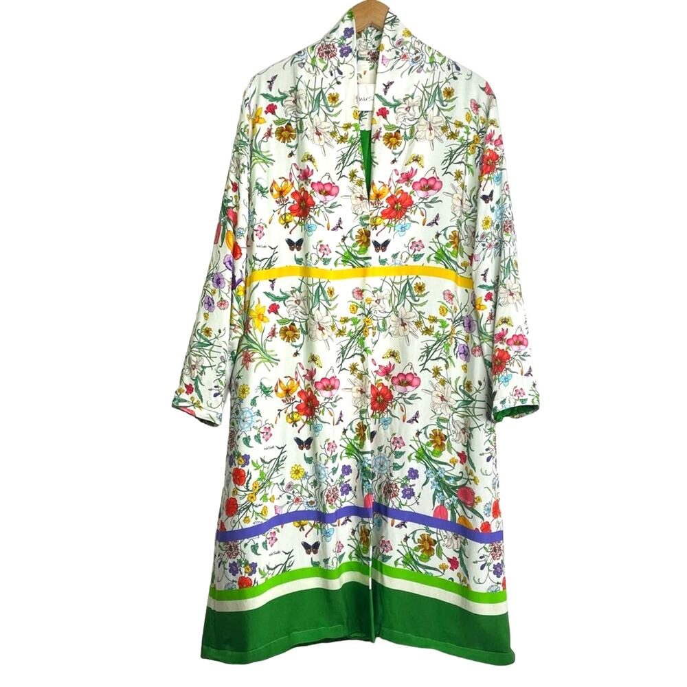 Floral Duster Jacket Long White Multi Colored Flo… - image 1